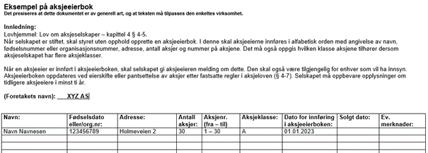 Aksjeeierbok nyopprettet selskap - eksempel